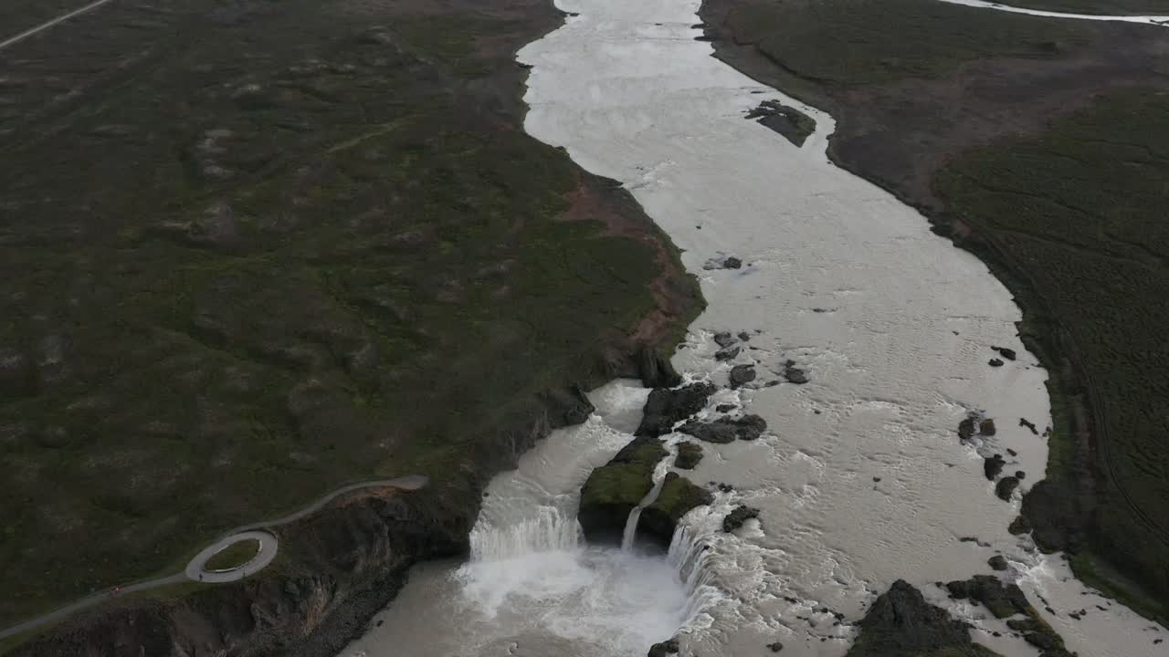 Above Goðafoss waterfall in Iceland, waterfall of the gods, aerial