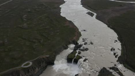 above goðafoss waterfall in iceland, waterfall of the gods, aerial