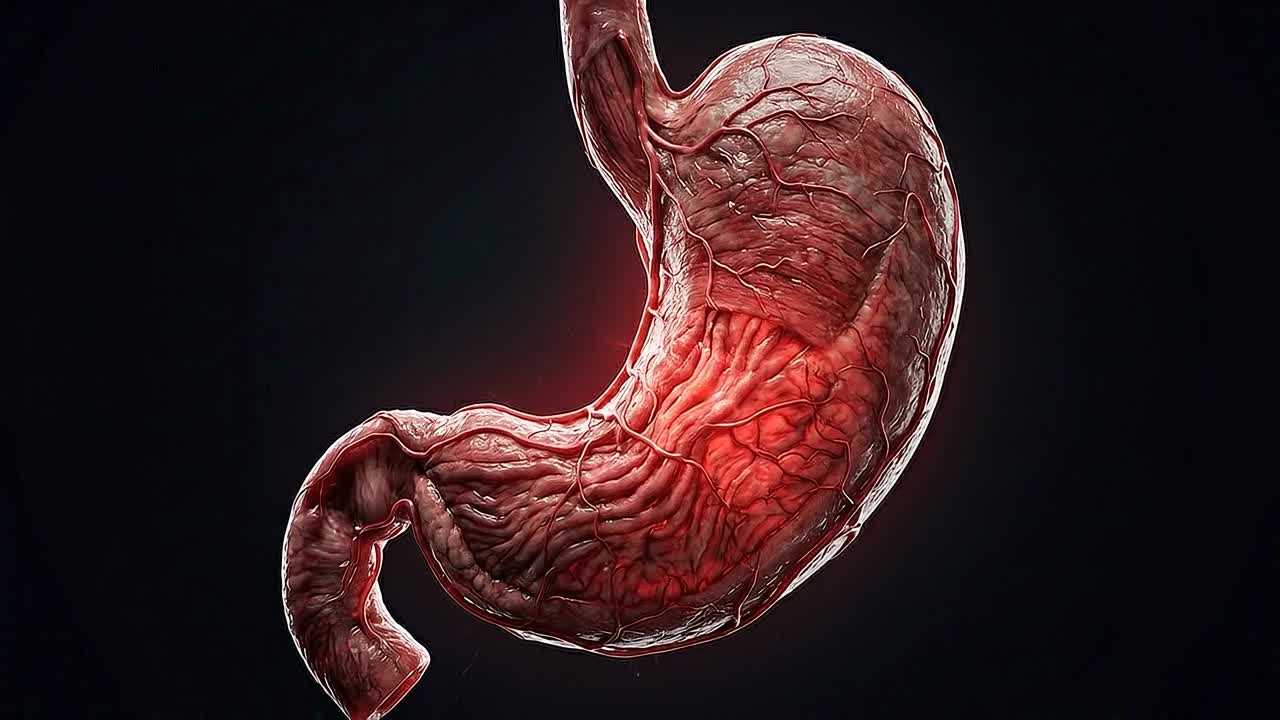 Stomaco umano realistico isolato su sfondo scuro che mostra la struttura dell'organo digestivo e i dettagli della texture