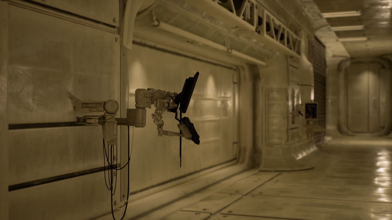 corredor futurista con brazo robótico y tecnología avanzada de ciencia ficción