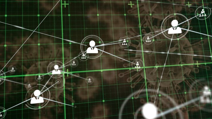 Network of profile icons over grid network against multiple covid-19 cells floating