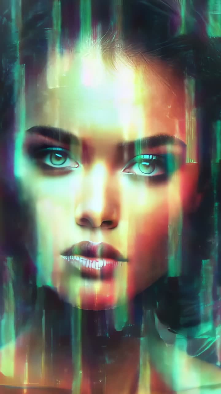 Vertical video: Starting glitch forming neon bars drifting down woman face on backdrop, fragmenting