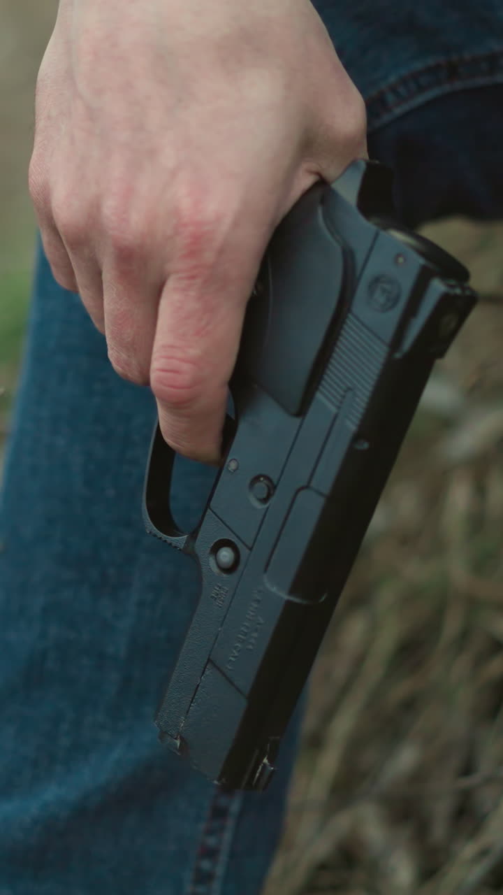 una vista cercana de una persona sosteniendo una pistola negra, su mano descansando en su rodilla, con un fondo borroso de hierba seca y suelo