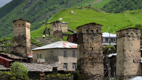 Ushguli Village With Stone Towers - UNESCO Heritage In Upper Svaneti, Georgia. Aerial Close-up Shot