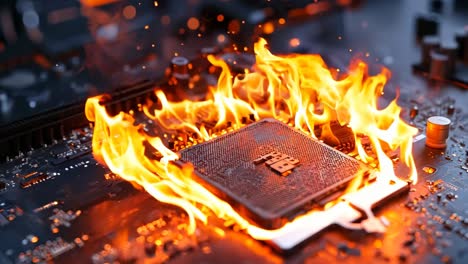 a computer motherboard on fire with a cpu on top of it