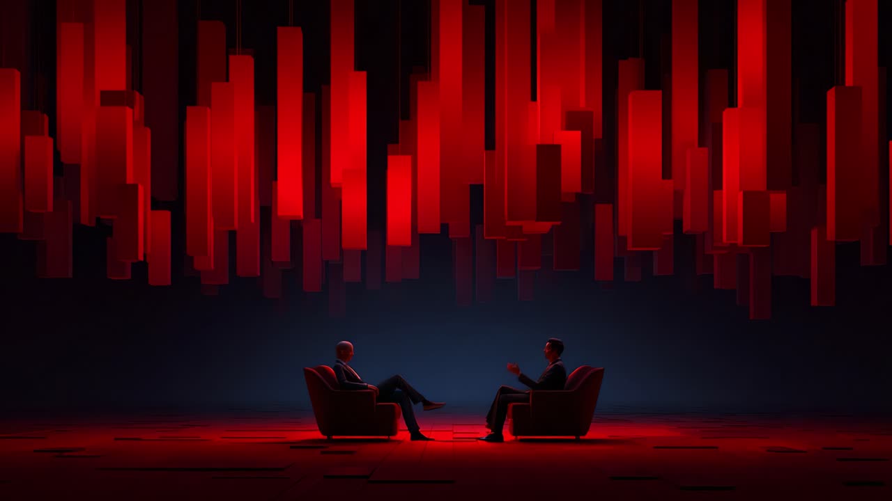 Two figures engage in a deep conversation, set against a striking backdrop of vertical red bars, evoking a sense of intimacy and intensity in a stylized modern environment