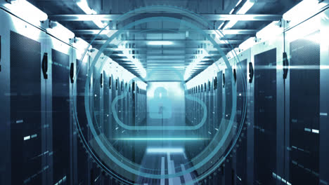 animation of cyber security text banner and security cloud icon scanning against server room