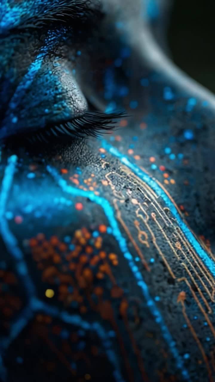 A Mesmerizing Close-Up of a Face Adorned with Intricate Circuit Patterns and Vibrant Colors, Blending Artistry and Technology in Stunning Detail