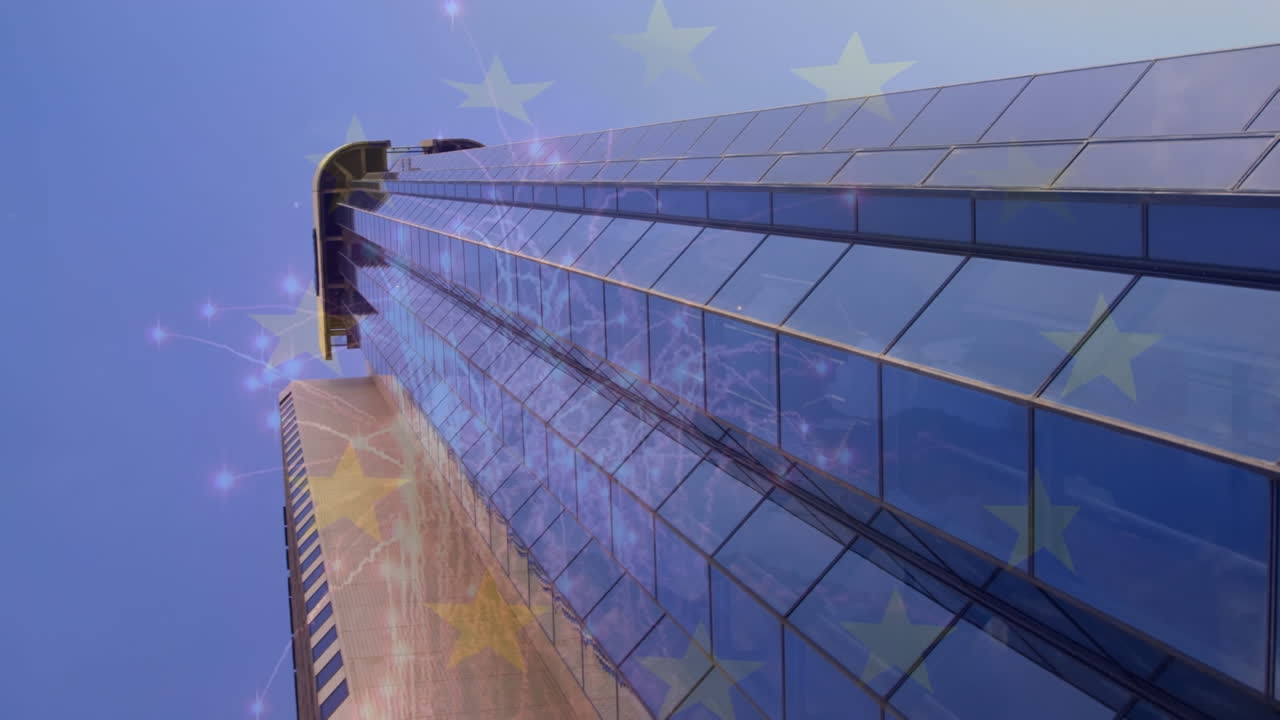 animación de la bandera de la ue sobre el paisaje urbano.
