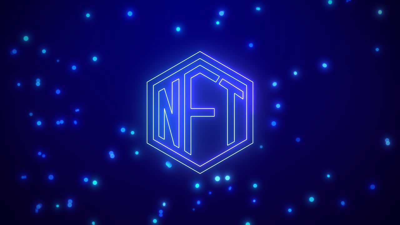 NFT ikke-fungibelt token animation med blå glødende lys på mørkeblå baggrund. NFT digital baggrund kryptovaluta.