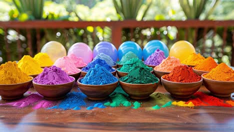 vibrant bowls of colorful holi powder and balloons