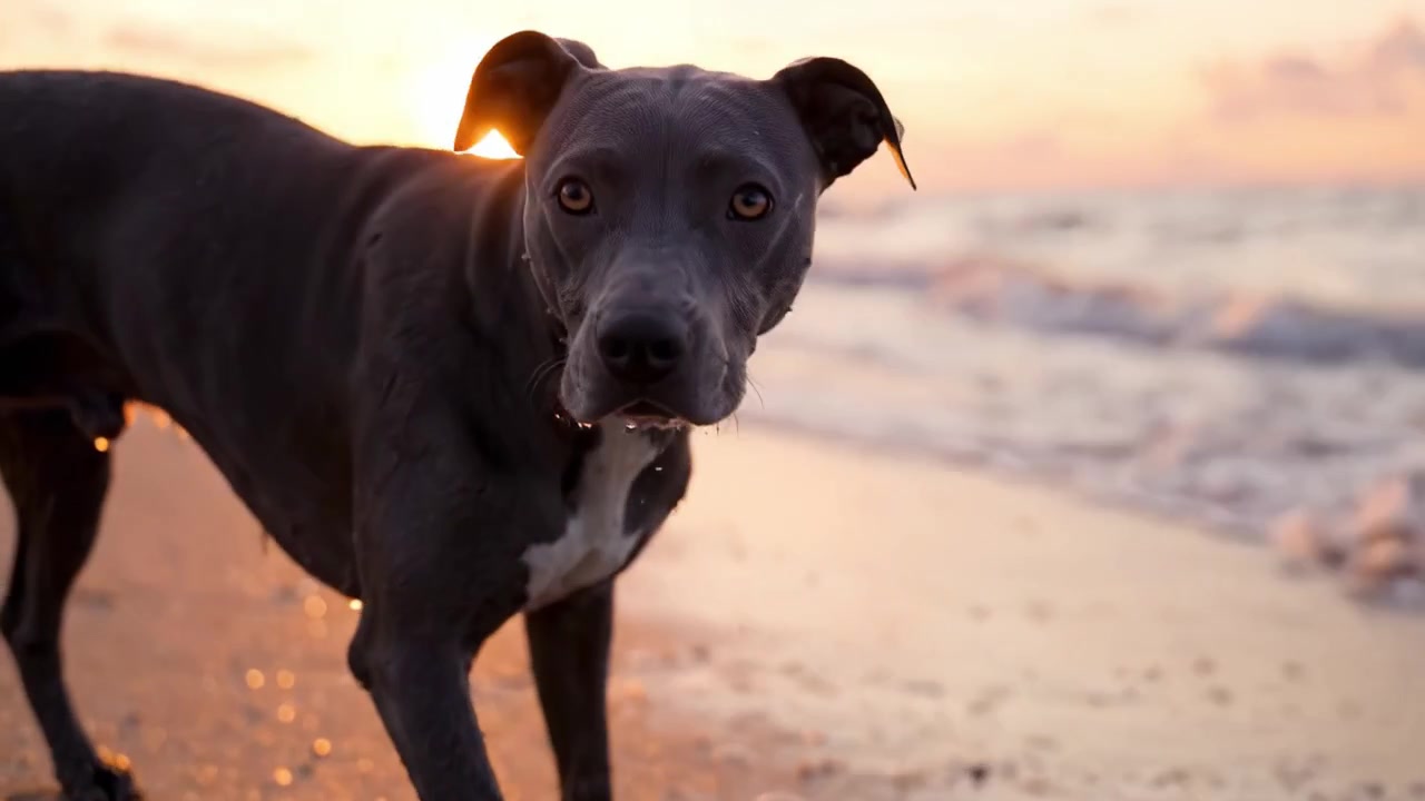 Sahil boyunca altın gün batımında yürüyüşün tadını çıkaran, dalgaların sakinliğini ve ayaklarının altındaki ılık kumu kucaklayan siyah bir köpek.