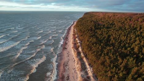 An-Einem-Bewölkten-Tag-In-Giruliai,-Litauen,-Rollen-Riesige-Wellen-Aus-Der-Wilden-Ostsee-Auf-Einen-Einsamen-Strand-Neben-Einem-Großen-Wald,-Der-Von-Der-Untergehenden-Sonne-Beleuchtet-Wird