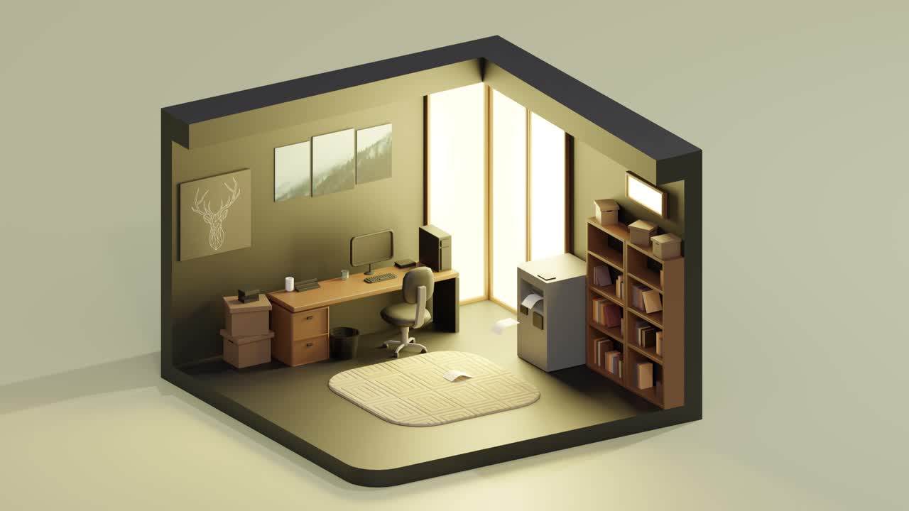 3D animation loop of minimal and elegant home office interior. Isometric view
