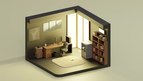 3D animation loop of minimal and elegant home office interior. Isometric view