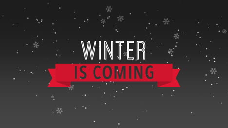 animated closeup winter is coming text and fly white snowflakes on snow black background