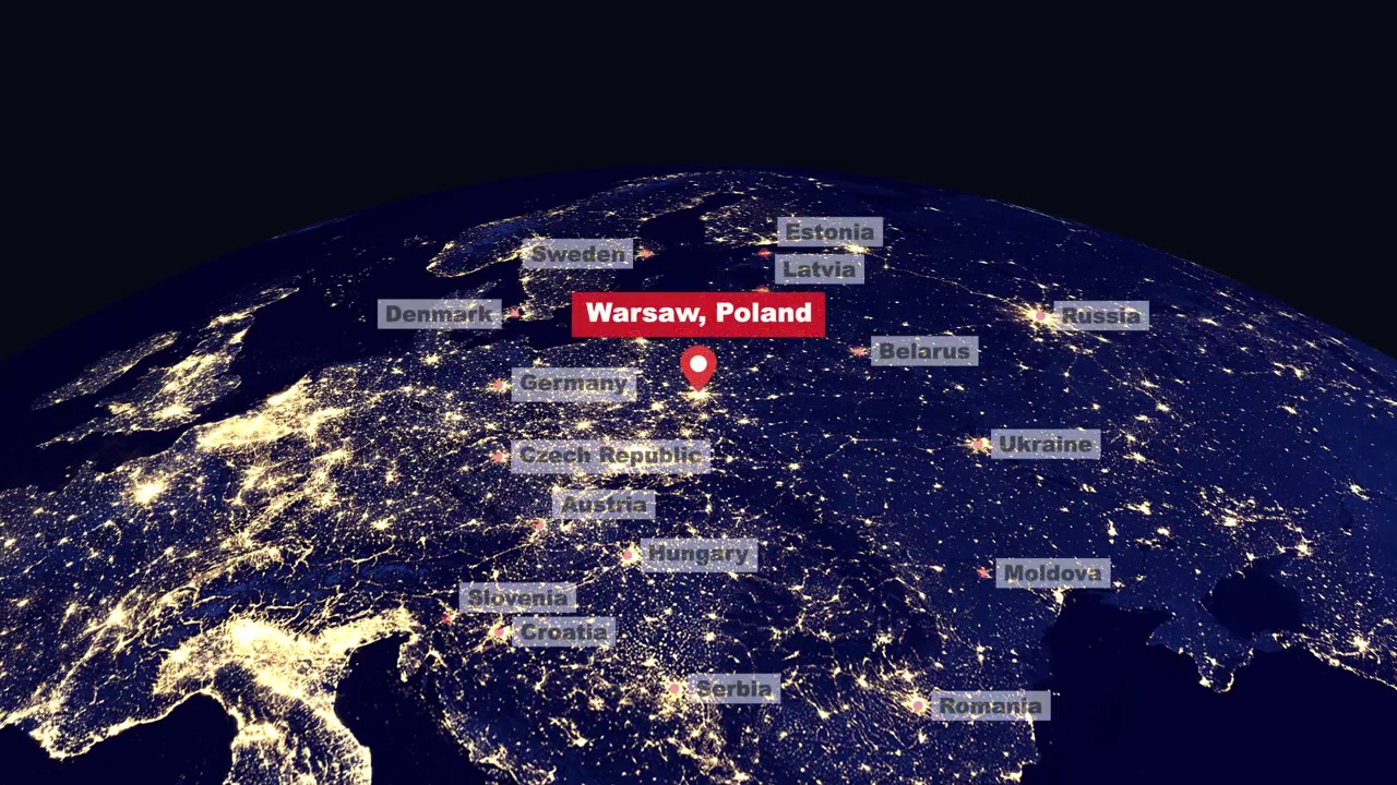 Animação digital com zoom do espaço para as luzes da cidade iluminadas de Varsóvia e países europeus vizinhos