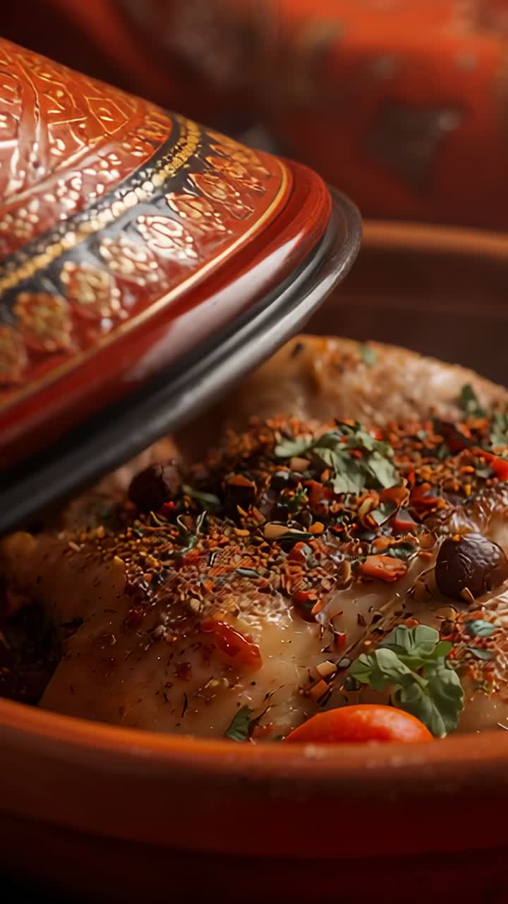 Vertical video: Hand lifting ornate tagine lid revealing chicken in clay tagine on table, olives