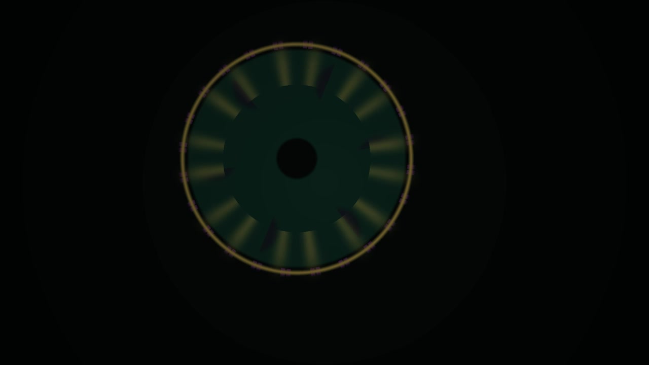 Cerchio Astratto Verde Scuro con Elementi Rotanti Luminosi su Sfondo Nero