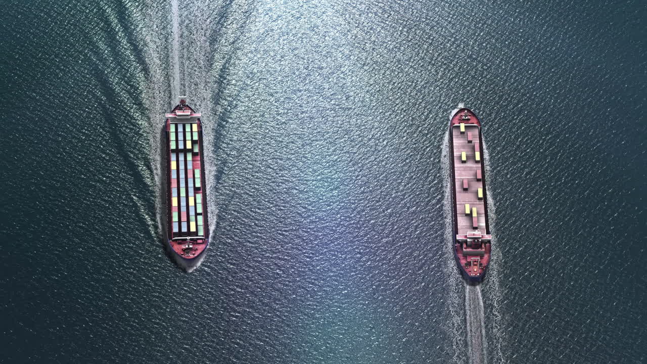 Aerial view of two container ships sailing on the ocean