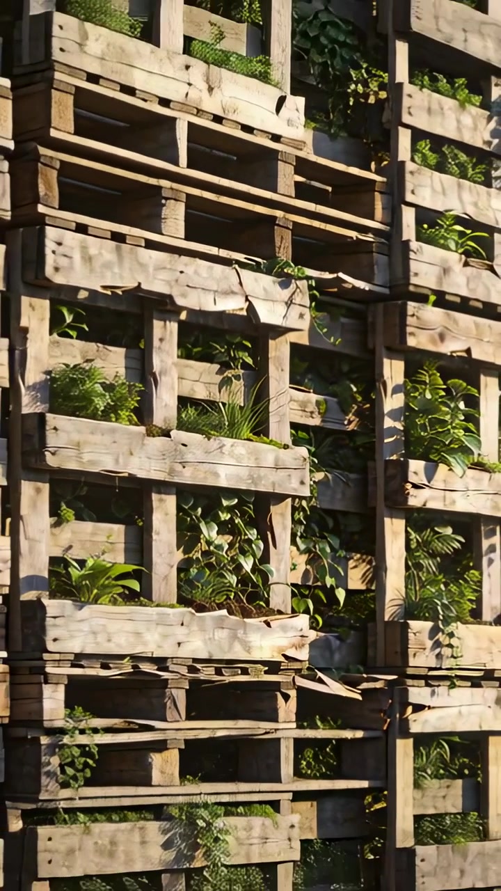 Primo piano con la telecamera che si allontana e panoramica, pallet di legno che rivelano una parete di pallet, mostrando il riutilizzo.