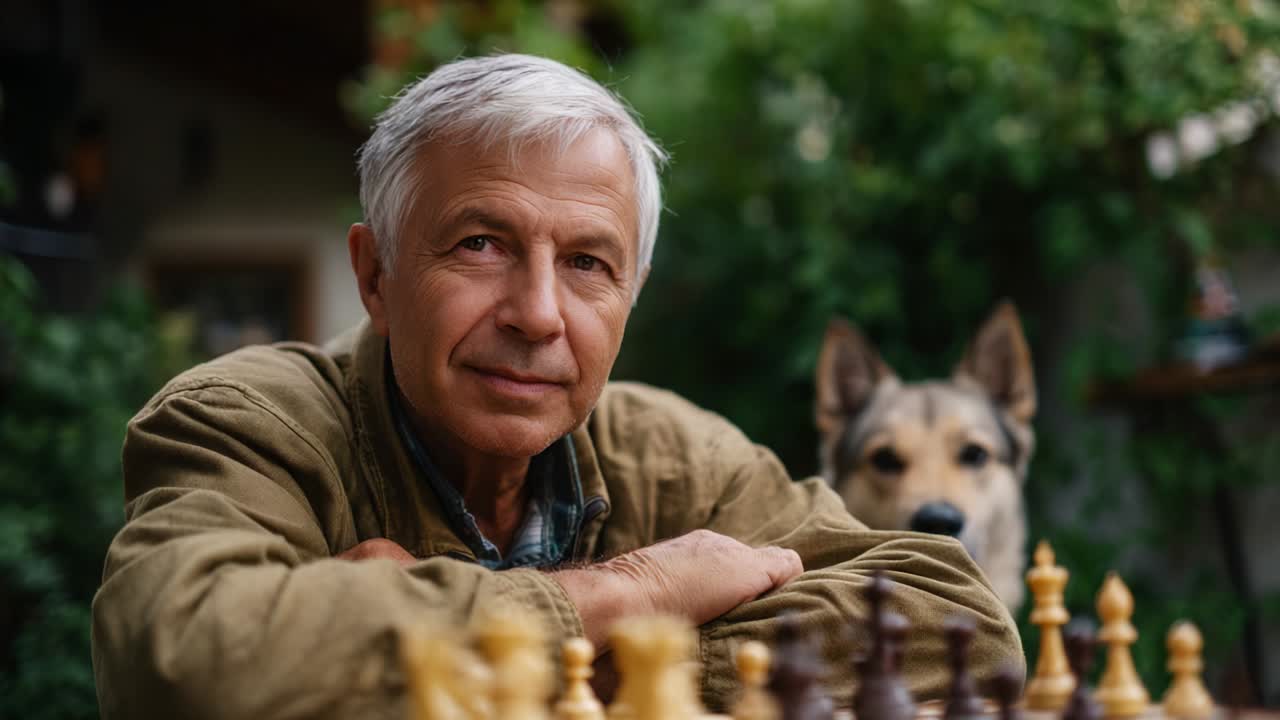A contemplative elderly man in a cozy outdoor setting enjoys a thoughtful chess game while accompanied by his loyal dog, showcasing the bond between humans and animals in tranquil surroundings