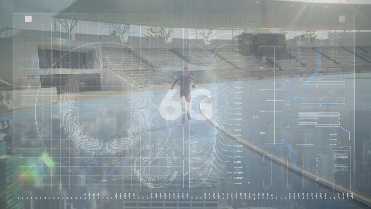 Animation of data and 6g on digital screen over african american disabled man with running blade