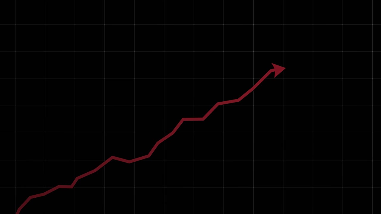 Business cartoon animation of rising red arrow graph chart on black background