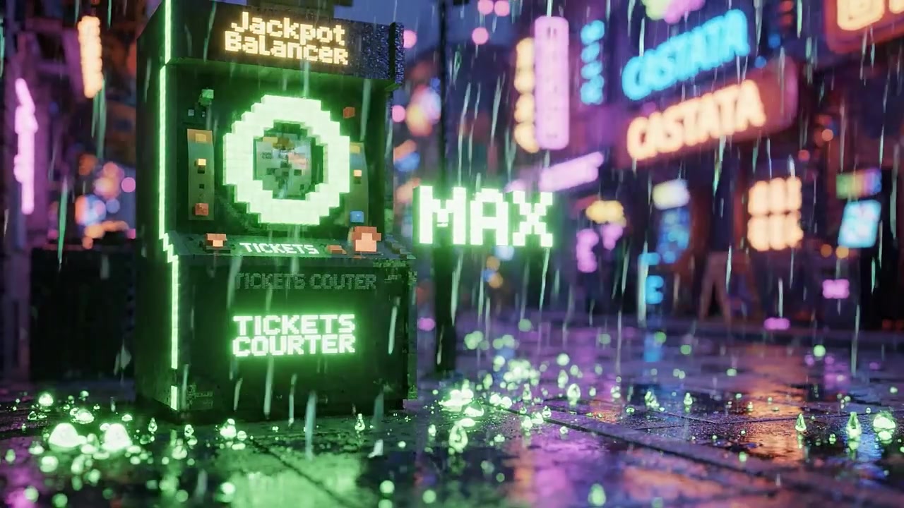 鮮やかなネオンが輝く雨のストリートシーン。光るジャックポットバランサーアーケードマシンが鮮やかな色彩ときらめく水たまりの中にあり、魅力的な都会の雰囲気を醸し出している。