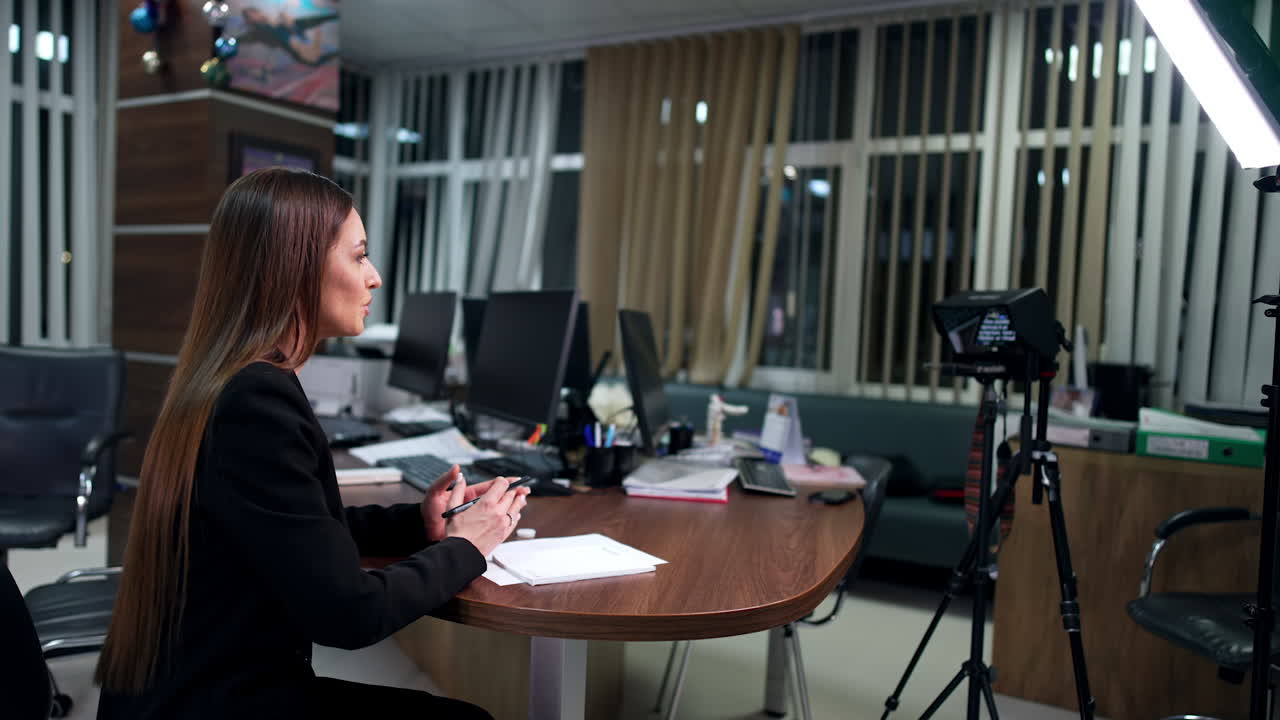 Long-haired brunette lady sits at the desk in the office. Woman focused on camera speaks gesturing with her hands. Side view. Blogging concept.