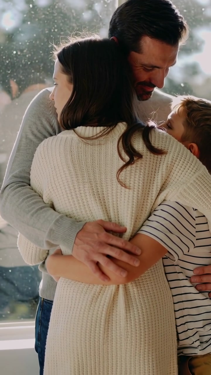 Vertical video: Starting father wrapping mom and son by sunlit window, cream sweater for comfort