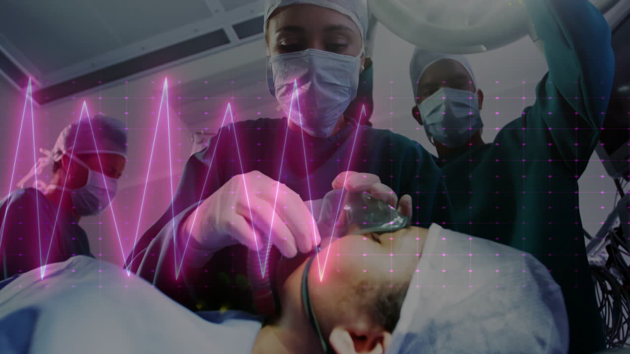 Professionisti medici che eseguono un intervento chirurgico con animazione a griglia digitale sovrapposta.