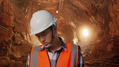 close up of asian male engineer with safety helmet having a headache while working in underground mine tunnel