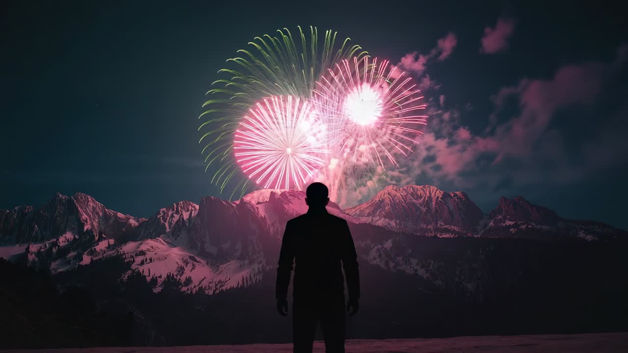 Launching green fireworks above snowy peaks at night, silhouette walking forward, watching bursts