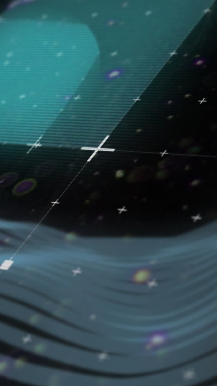 Animation of glitch and crosses over blue waves on black background