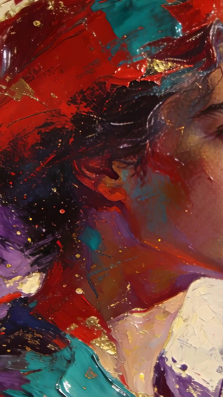 Video verticale: Panoramica che mostra il profilo di una donna su tela per impasto e foglia d'oro, con spazio per il testo.