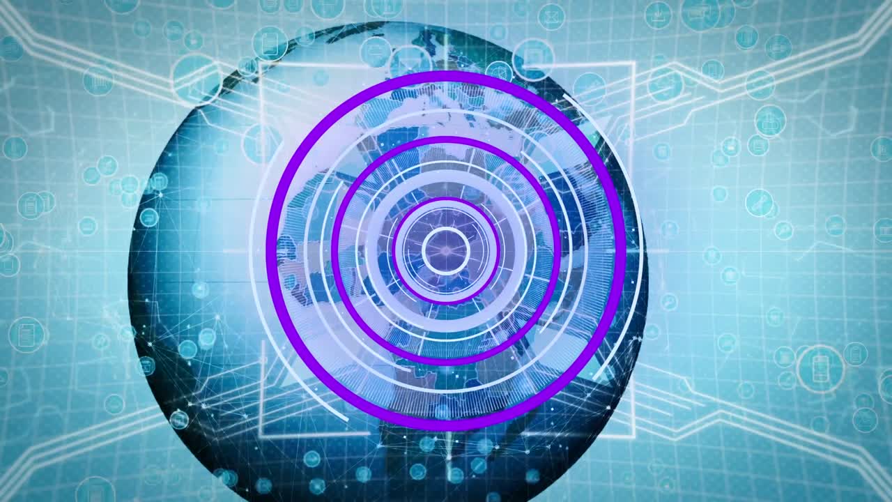 Animation of scope scanning over globe and media icons