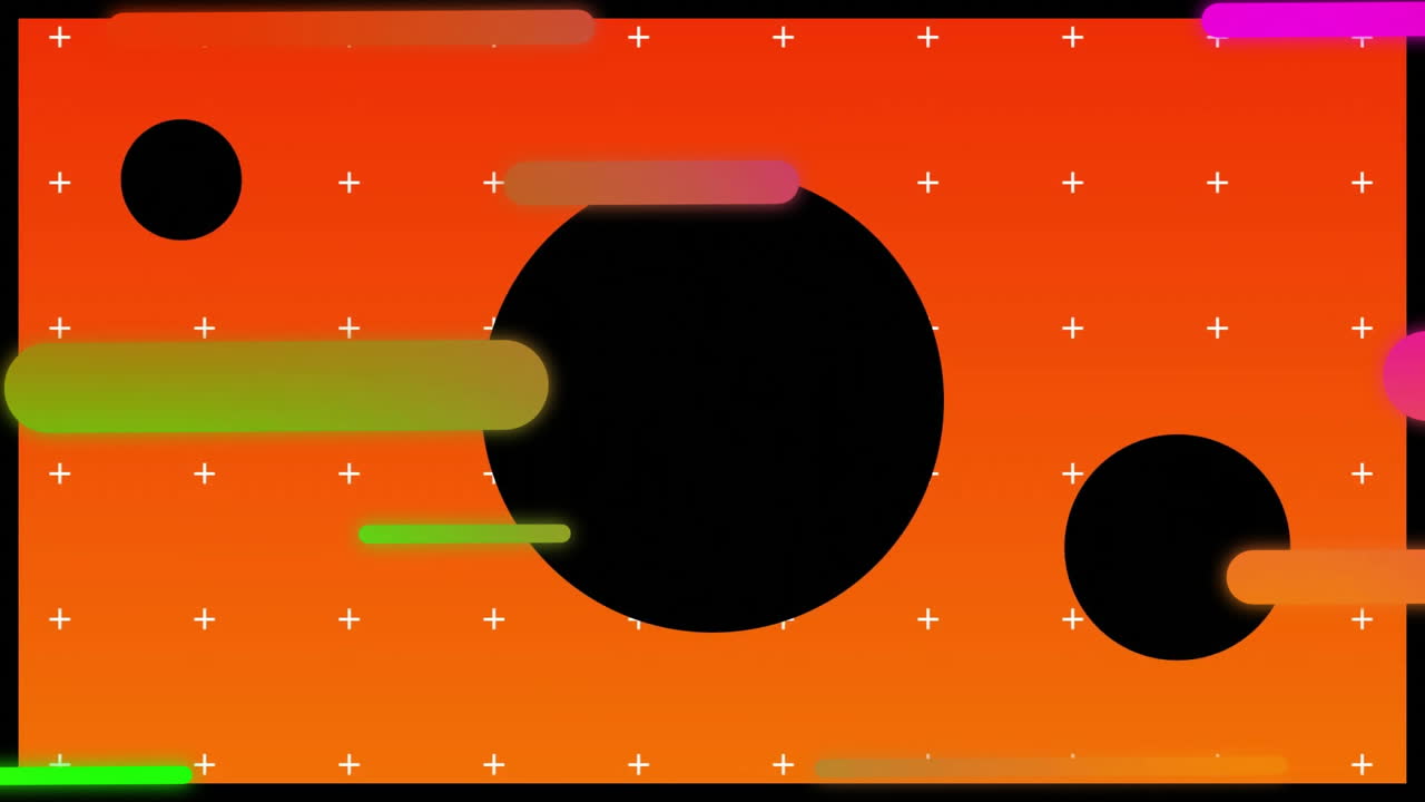 Animation of colourful shapes moving on red background