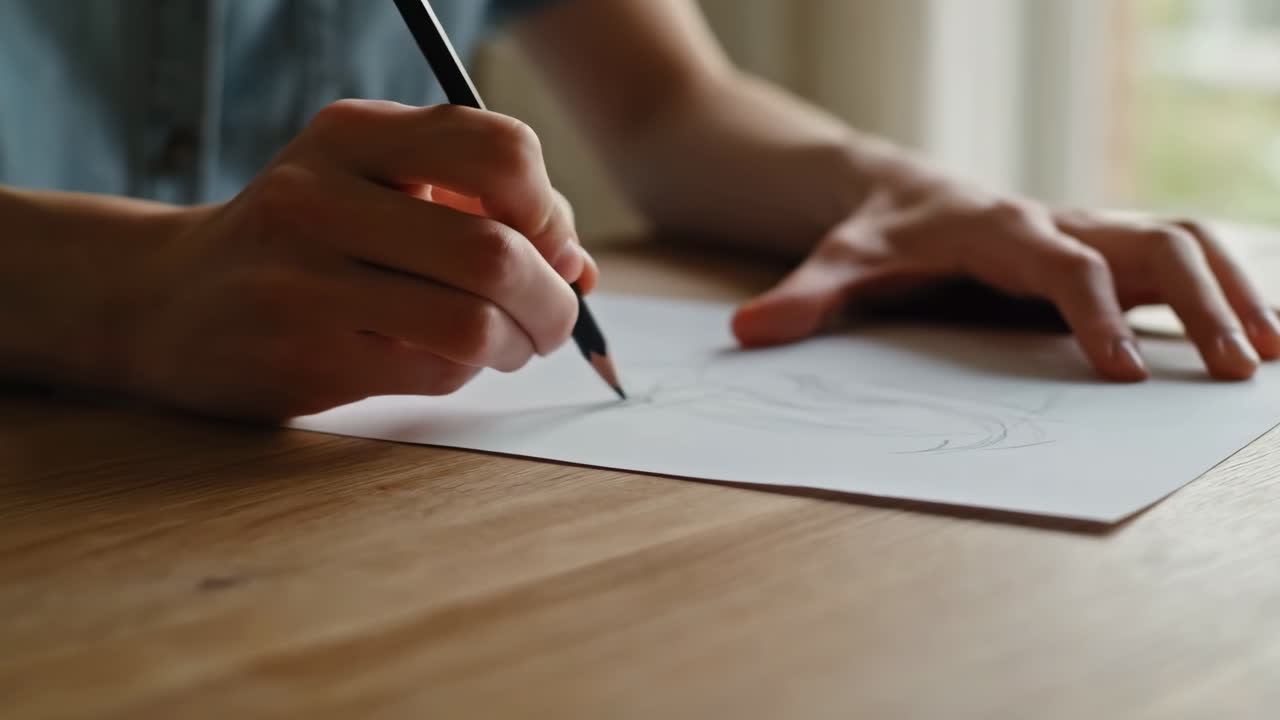 Close-up of Hands Drawing with a Pencil on Paper