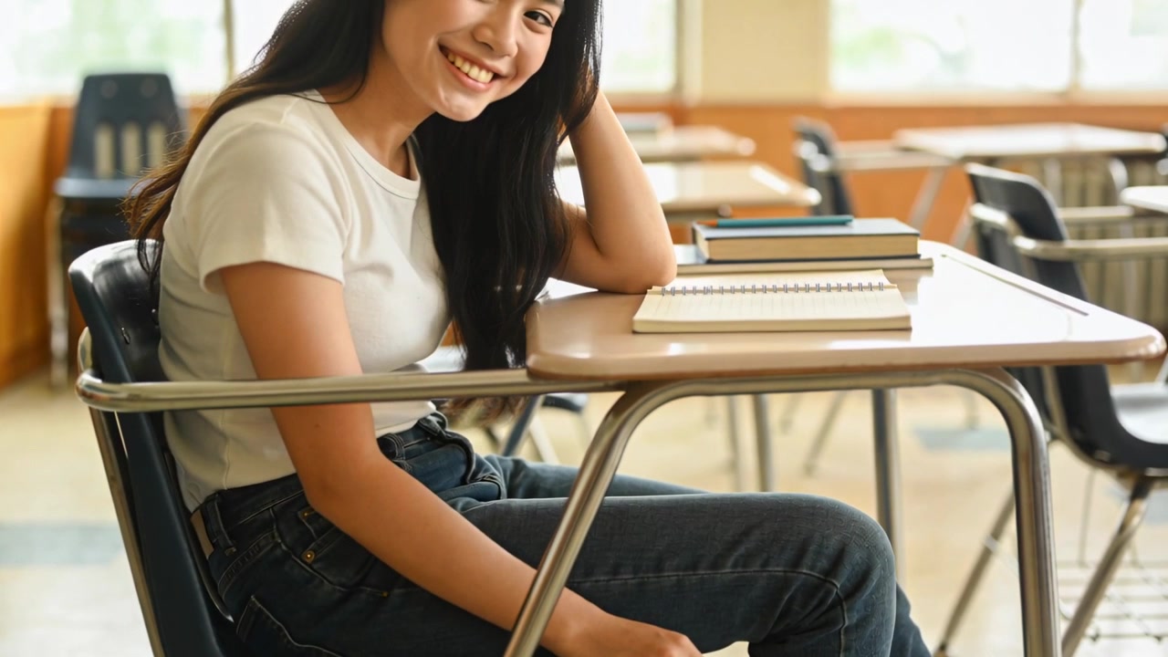 Telecamera che riprende uno studente sorridente, che risponde e si sistema alla scrivania con libri, in maglietta bianca e jeans scuri.