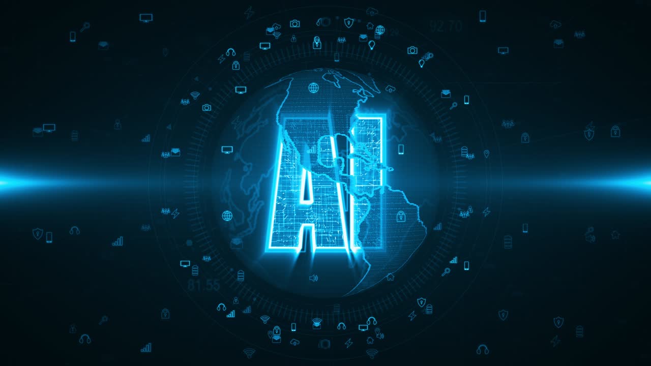 movimiento gráfico de azul ai palabra y esfera de la tierra con tecnología de iconos elementos futuristas fondo abstracto video de bucle sin costuras