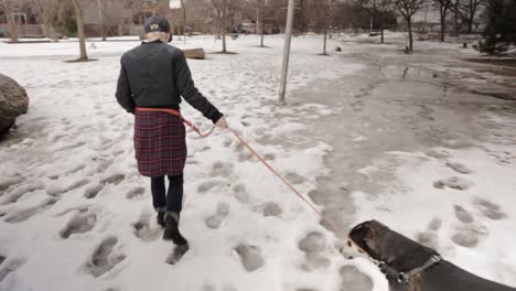 a person and their dog walking through the snow and slush