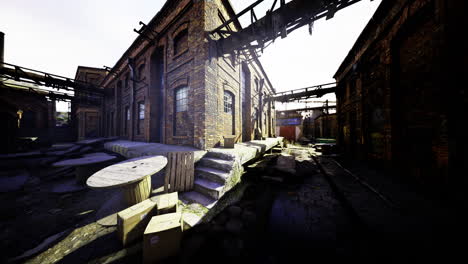 old industrial area with abandoned buildings and scattered debris near evening