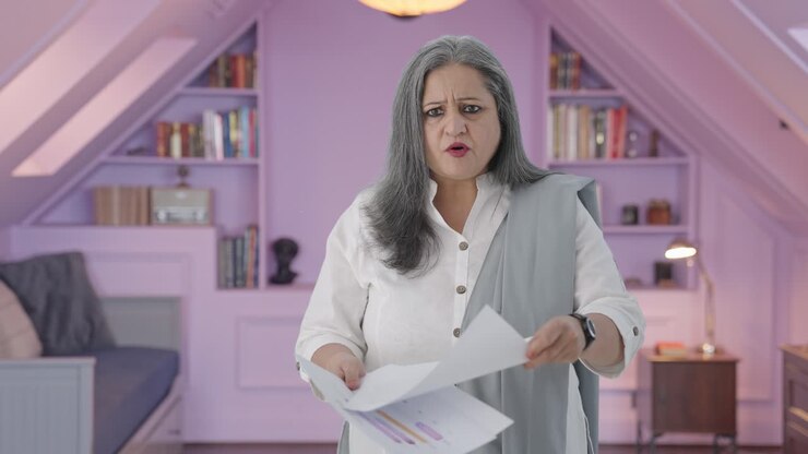 Anziana donna indiana arrabbiata che discute dei rapporti