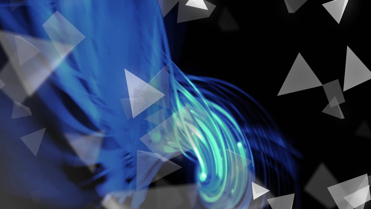 떠다니는 삼각형 애니메이션과 함께 추상적인 파란색과 녹색 빛 트레일