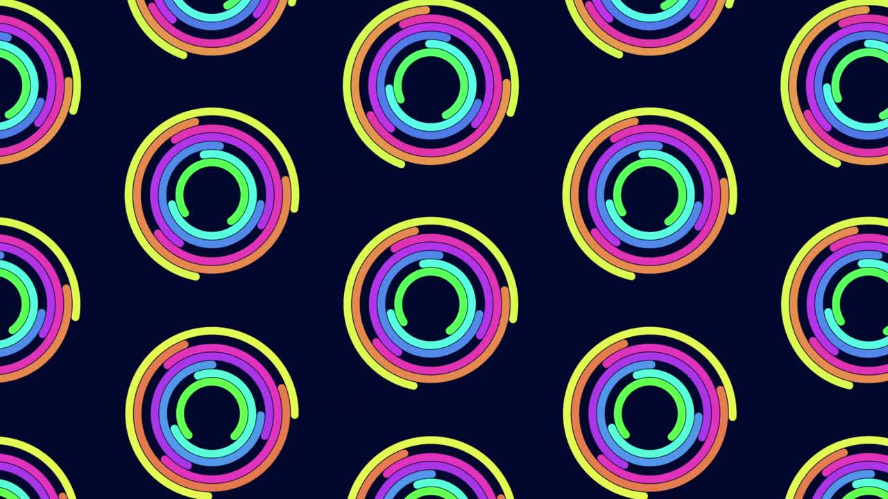 Neon futuristic rainbow rings pattern on black space