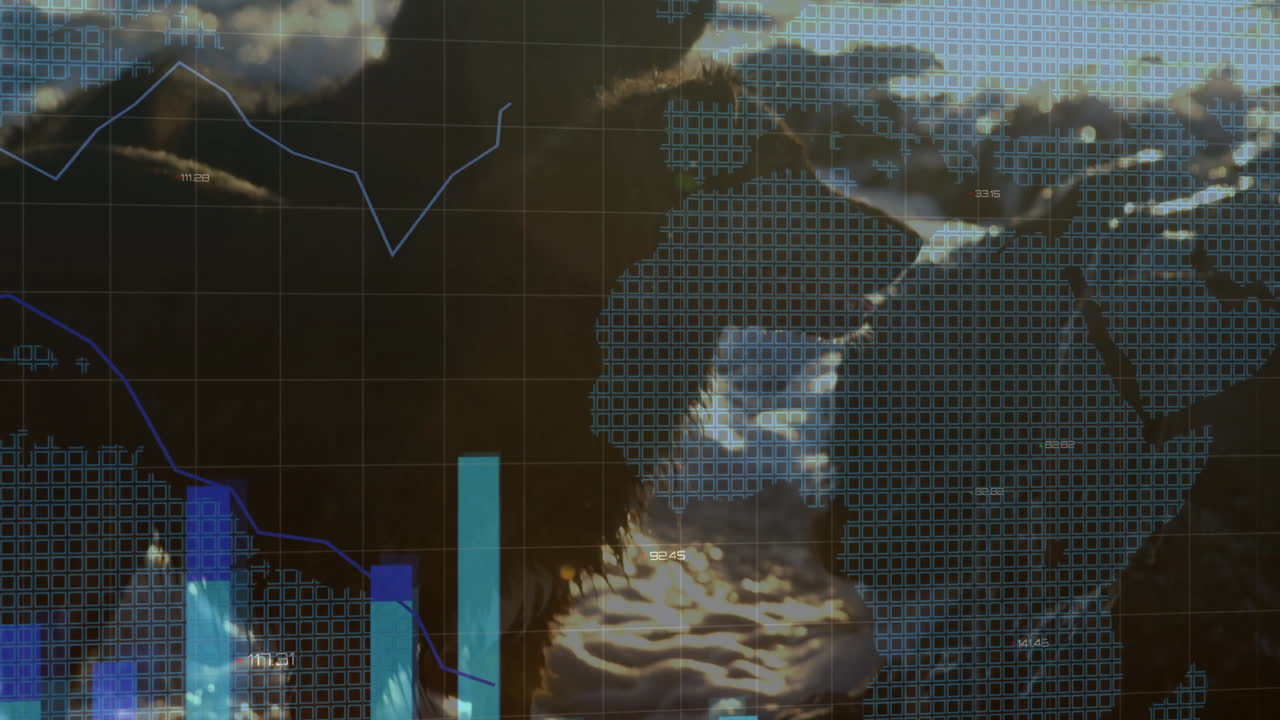 Displaying translucent world map grid overlay with moving blue line chart numeric labels over ocean