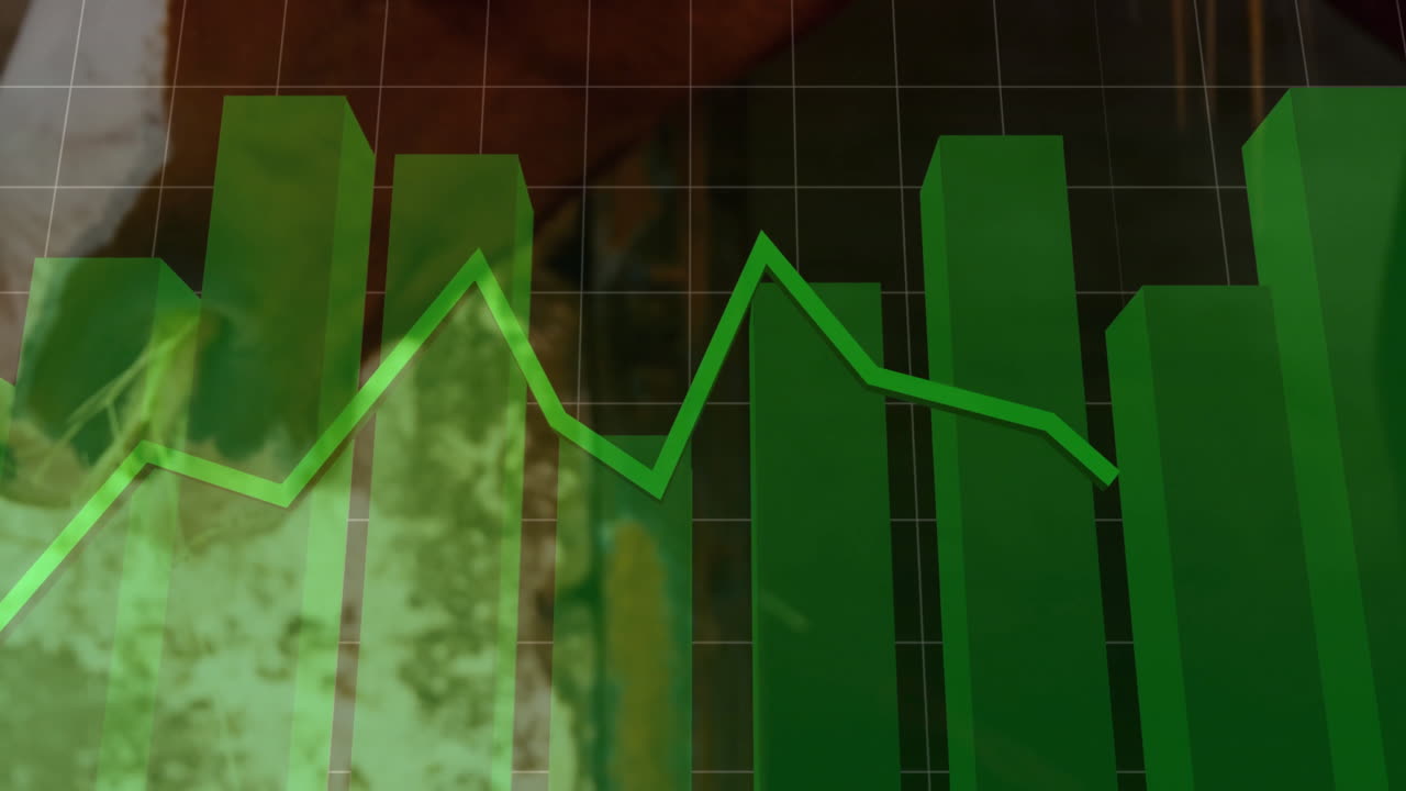 Interface showing translucent green 3D bar chart rising over dark grid, bright line tracing peaks