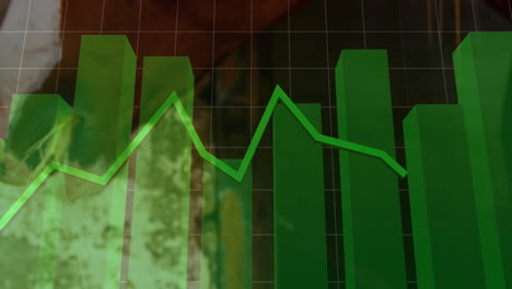 interface showing translucent green 3d bar chart rising over dark grid, bright line tracing peaks
