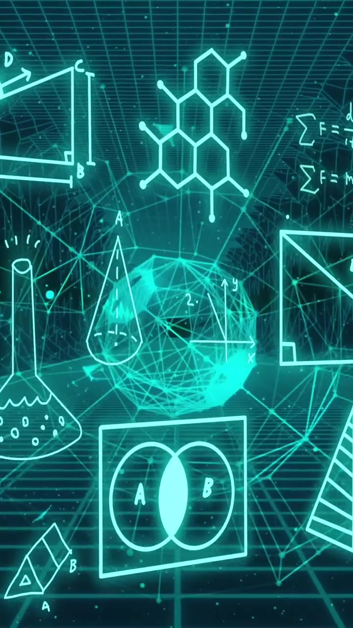 Animation of mathematical formulae and scientific data processing over black background